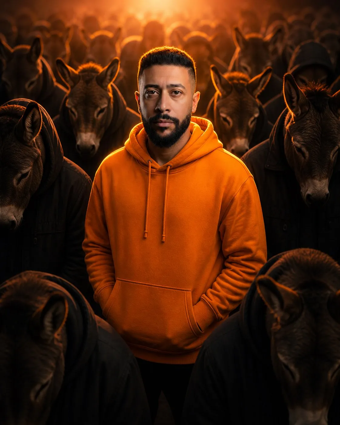 Cinematic 4:5 Portrait of a Young Man in a Surreal Donkey-Headed Crowd