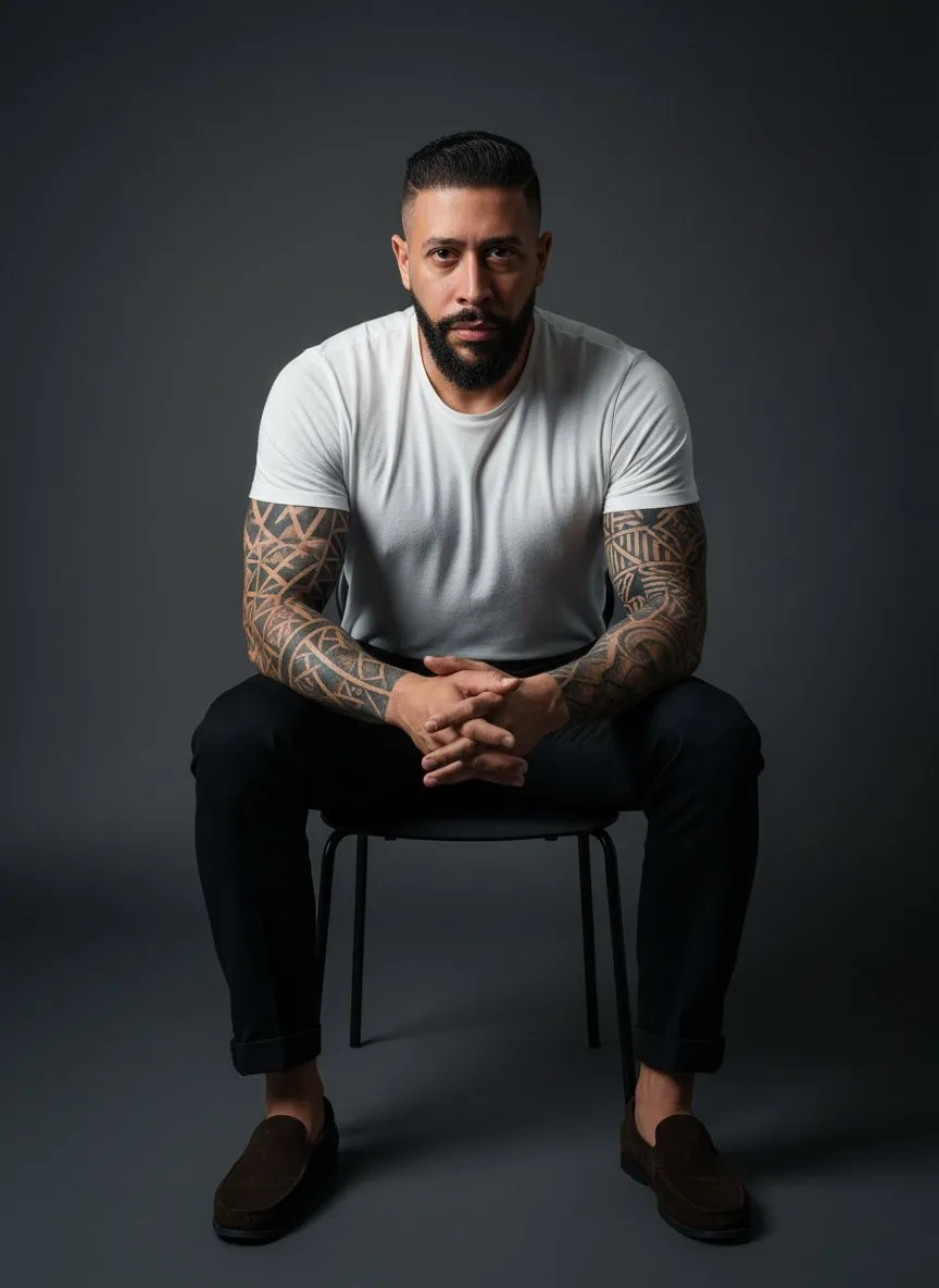Cinematic Studio Portrait of a Muscular Man with Edgy Tattoos