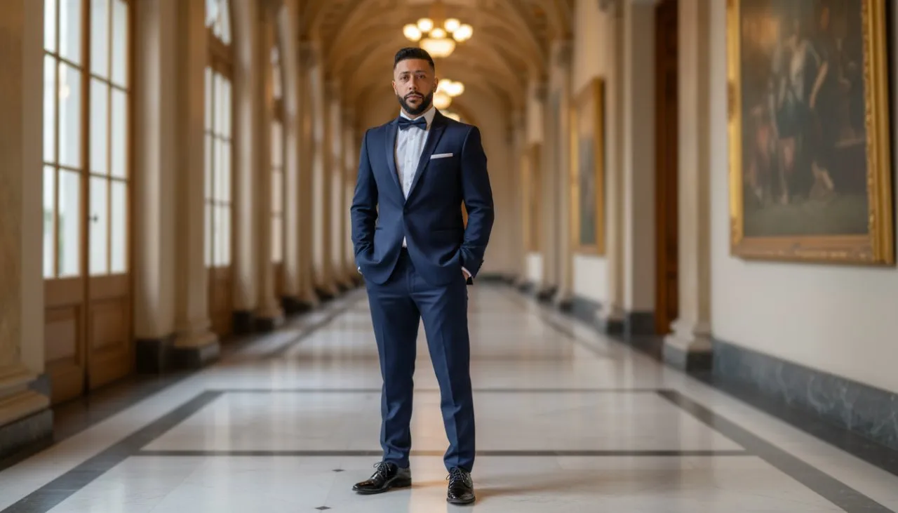 Elegant Groom Portrait in Museum Corridor