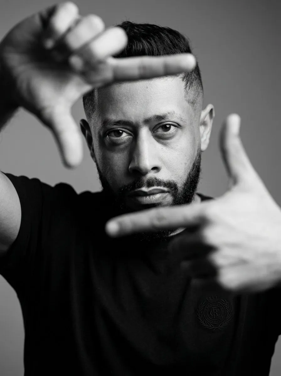 Cinematic Black-and-White Studio Close-Up Portrait, Intense Gaze