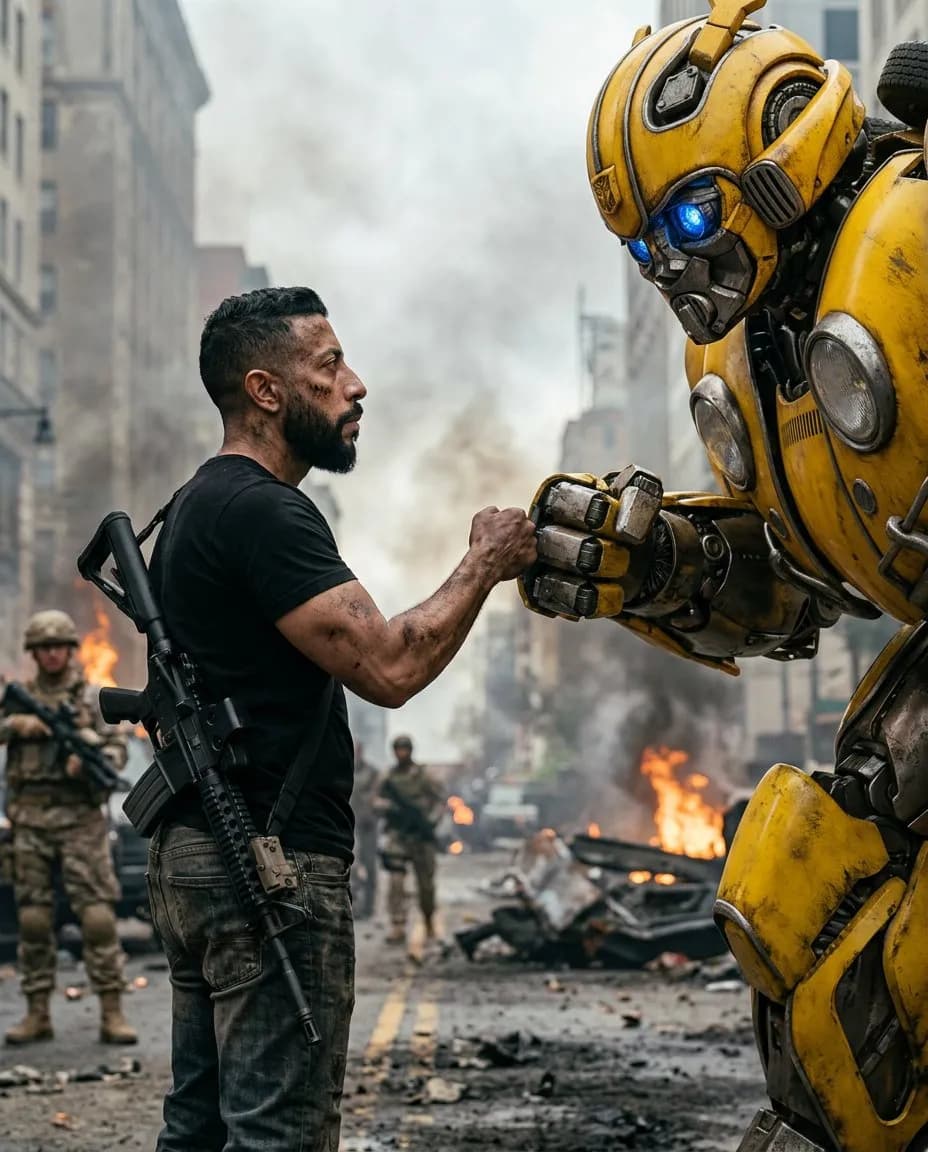 Cinematic Battle-Scarred Hero with Giant Robot Companion, Photoreal