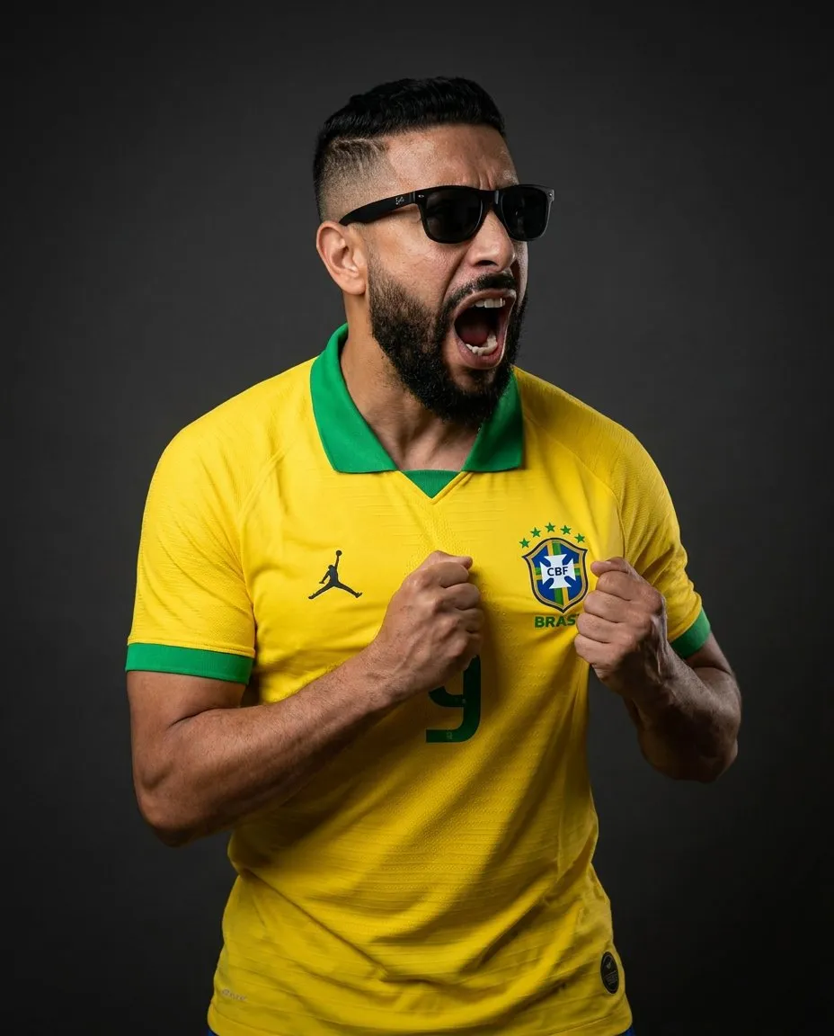 Photorealistic Editorial Sports Portrait of Brazilian Fan Half-Body