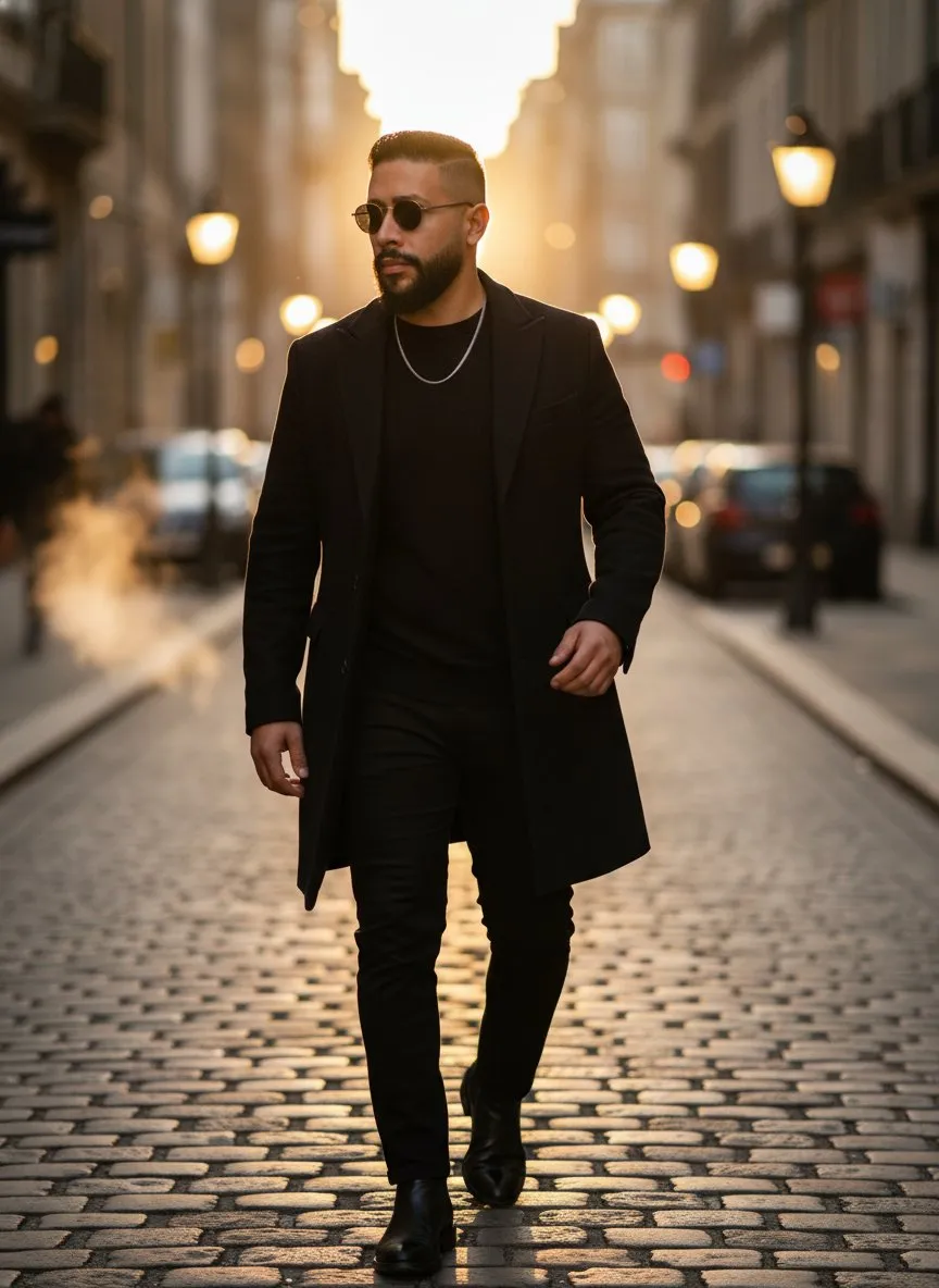 Golden Hour Urban Fashion Portrait with Cinematic Noir Style