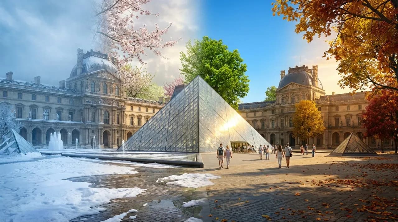 Louvre Museum Seasonal Transition in Hyper-Realistic Digital Illustration