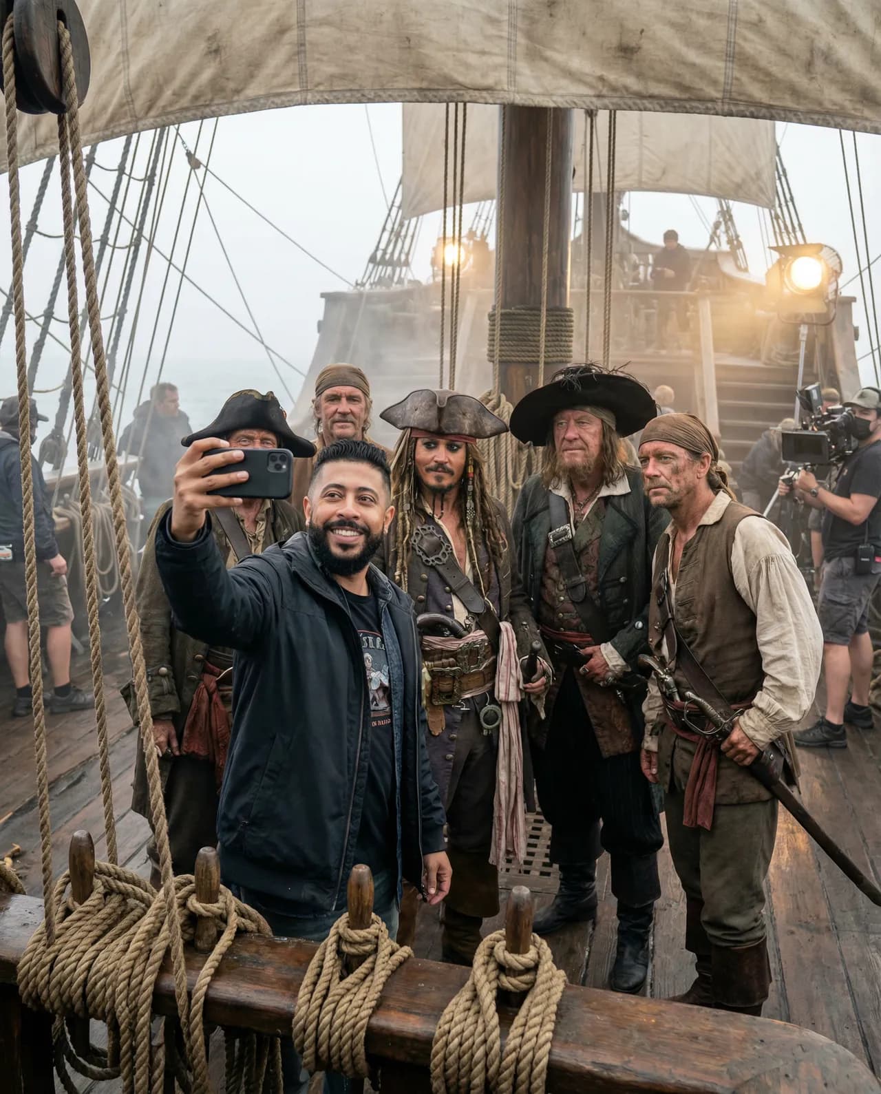 Cinematic Pirate Film Set Selfie with Replaceable Foreground Character Template