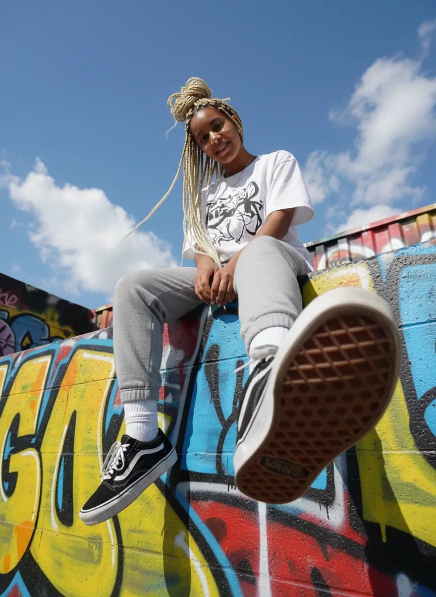 Dynamic Low-Angle Streetwear Wall Portrait