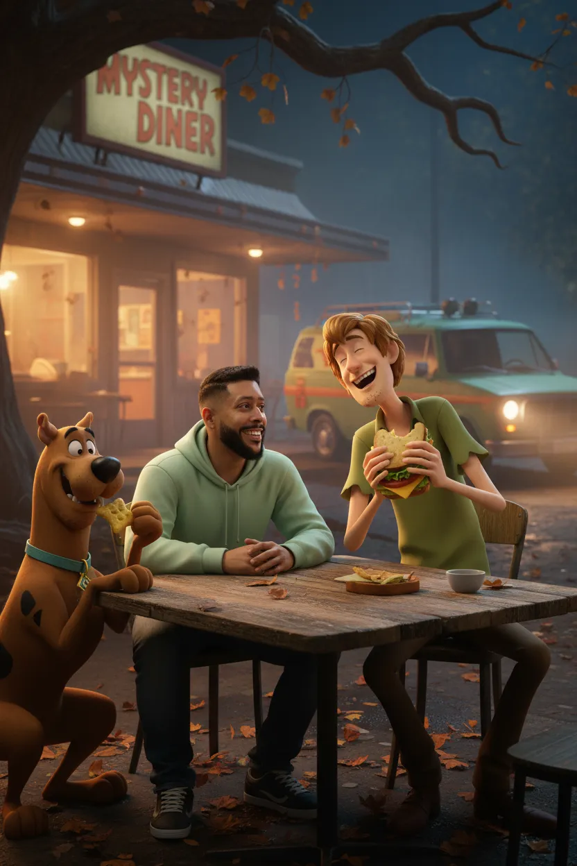 Mystery Diner Evening — Pixar-Style Cinematic Crossover Scene