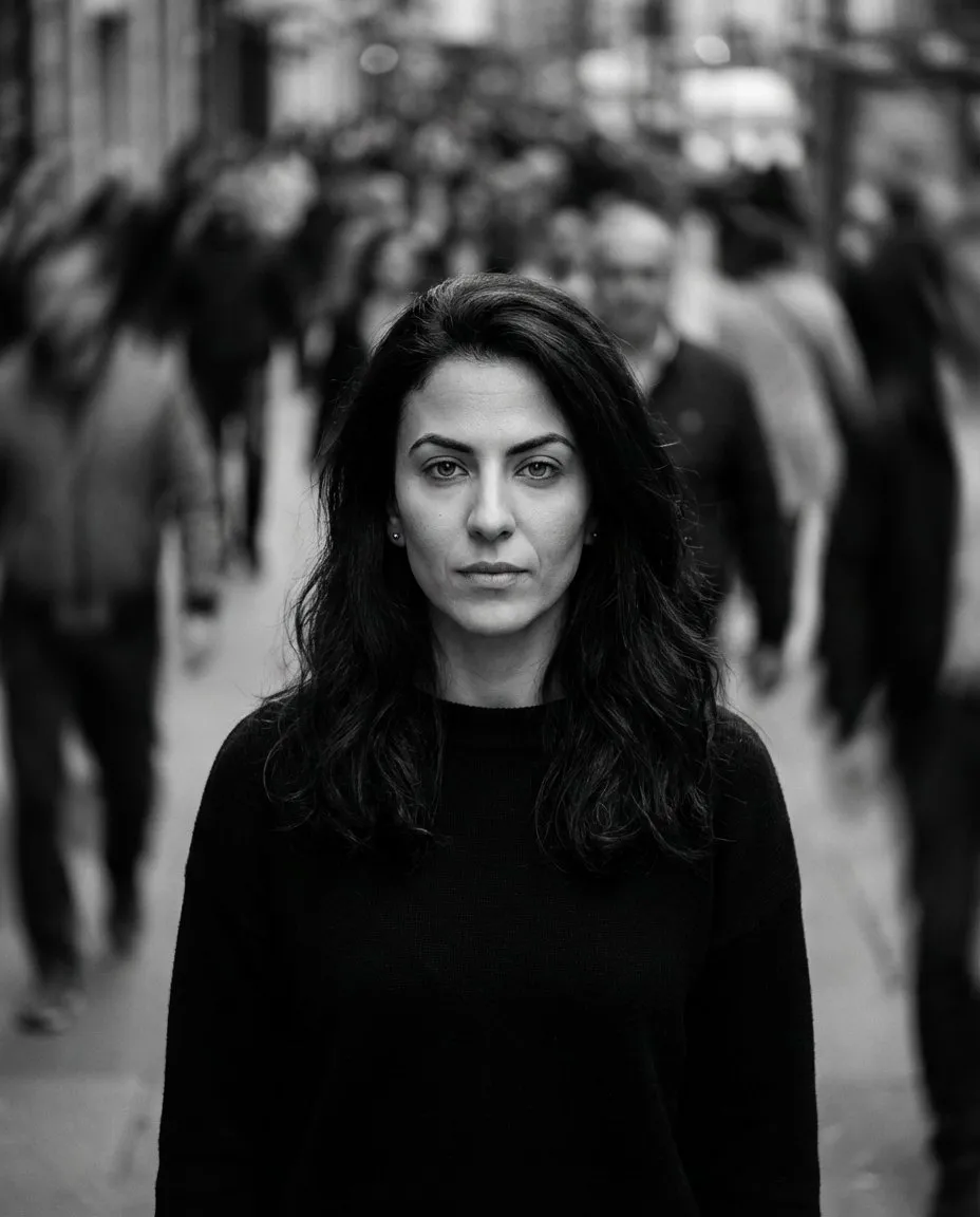 Black-and-White Cinematic Street Portrait with Inner Stillness