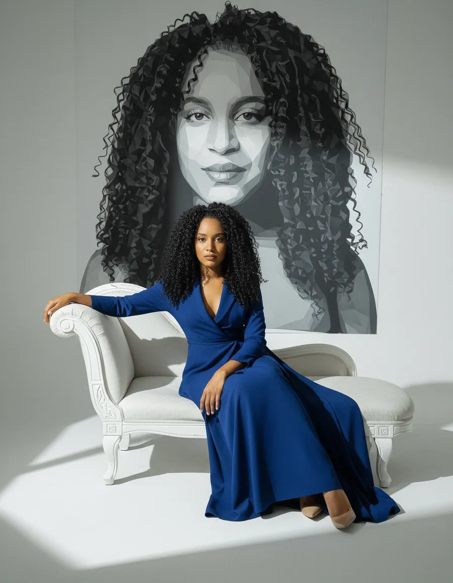 Luxury High-Fashion Studio Portrait with Geometric Wall Artwork