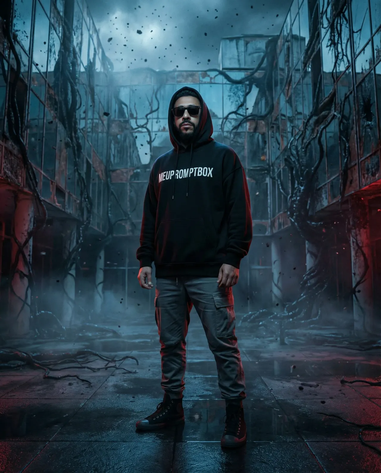 Cinematic Dark Fantasy Full-Body Portrait in Inverted City
