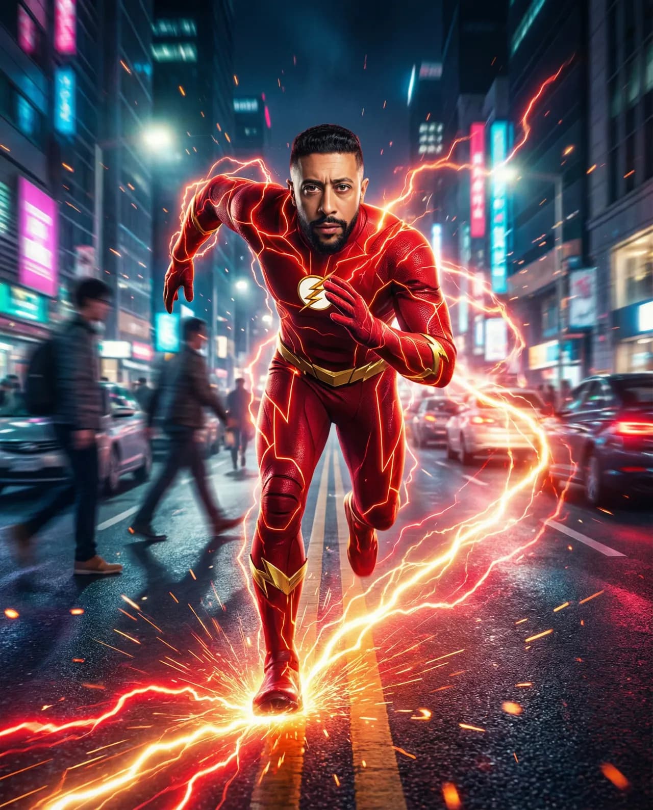 Cinematic Super Speed Poster with Red Superhero Suit