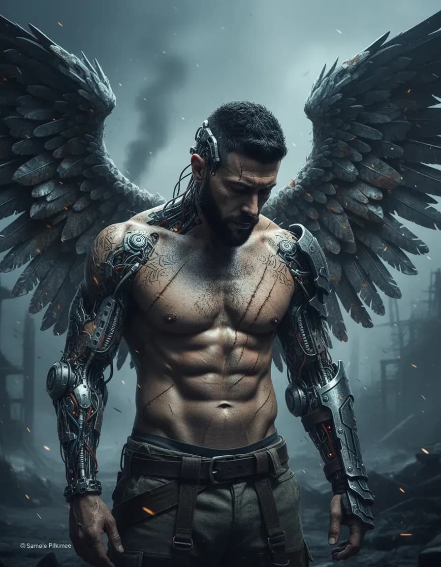 Cinematic Cold-Toned Mechanical Angel Portrait Photography
