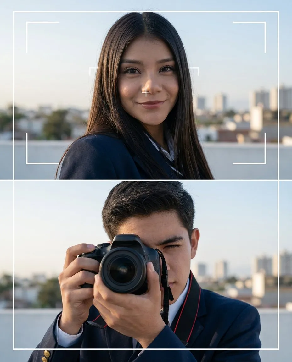 Cinematic Diptych Rooftop School Portraits in Nostalgic Film Style