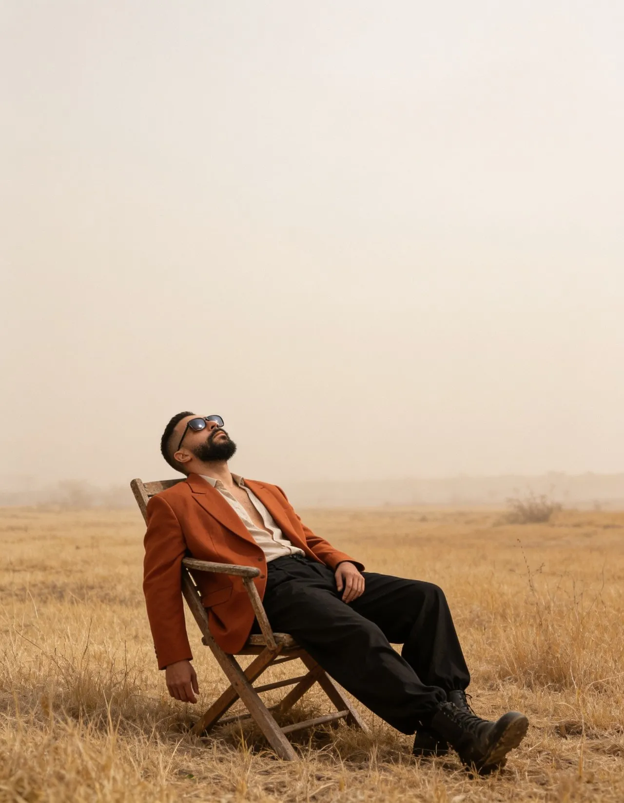Cinematic Editorial Fashion Portrait in Dusty Field