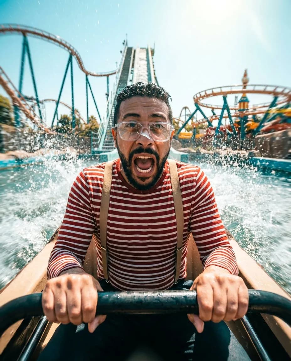 Cinematic Extreme Wide-Angle Water Ride Action Portrait