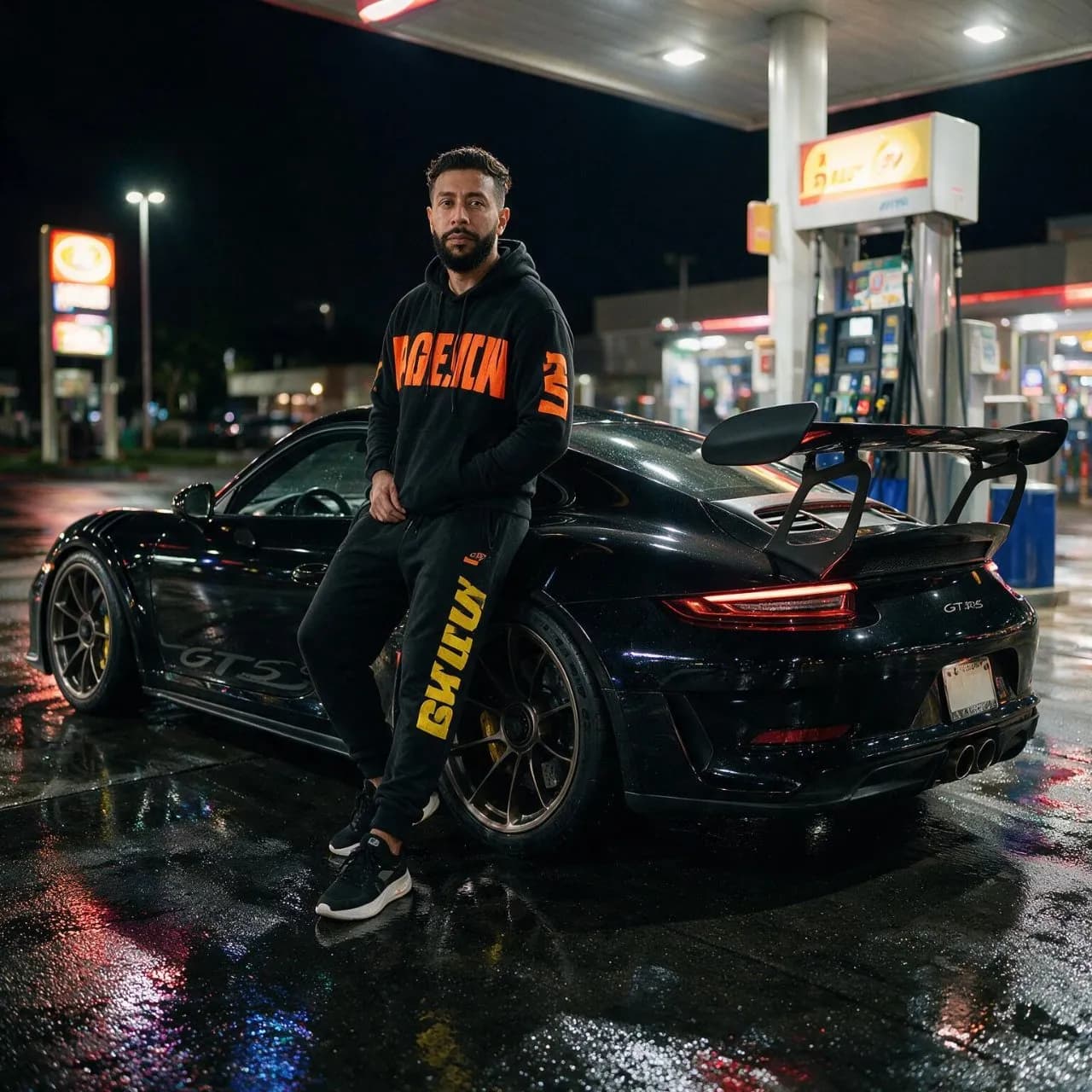 Cinematic Neon Night Portrait with Sports Car at Gas Station