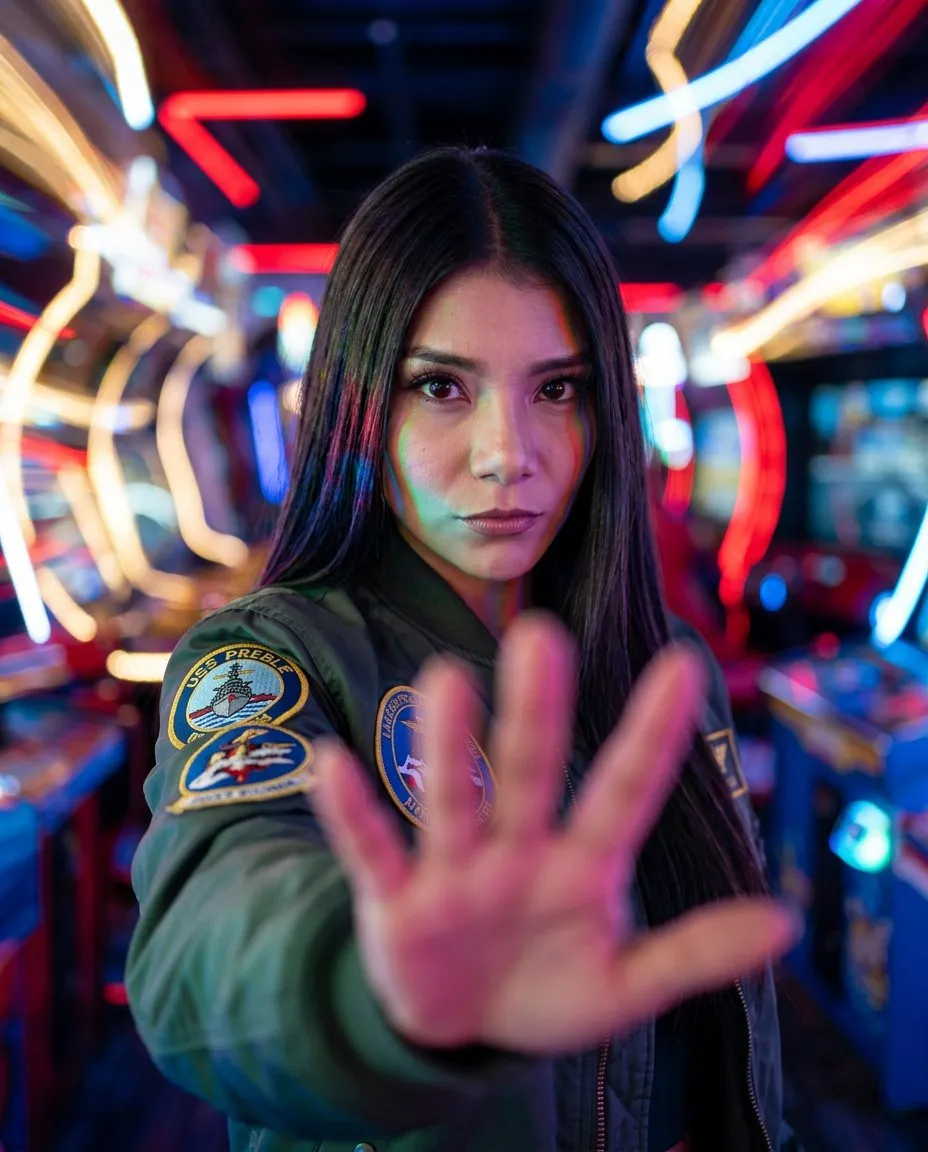 Cinematic Neon Arcade Portrait with Military Bomber