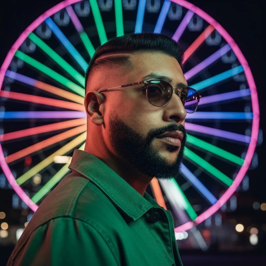 Urban Night Portrait with Neon Ferris Wheel