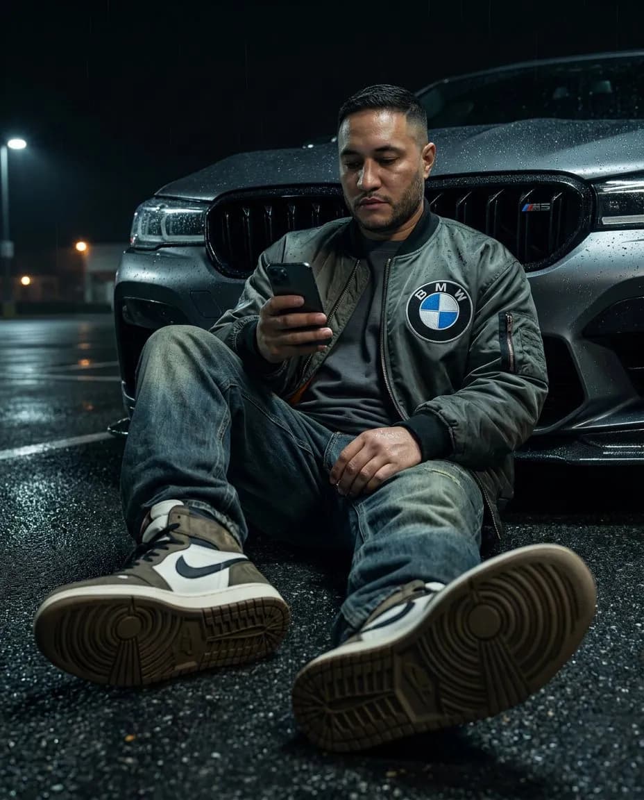 Cinematic Rainy Street Racer Portrait, Photorealistic Editorial