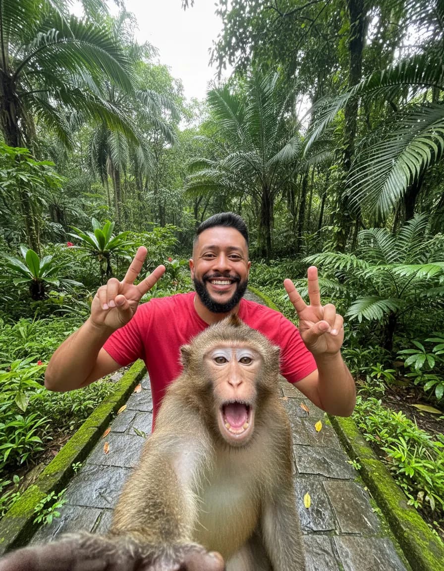 Playful Wide-Angle Selfie with Monkey in Lush Forest
