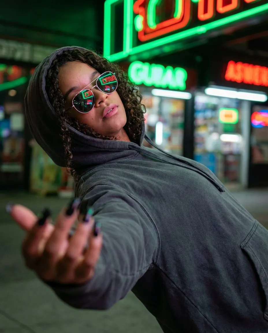 Cinematic Neon Urban Fashion Portrait with Dramatic Lighting