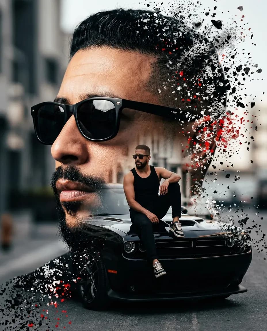 Cinematic Double-Exposure Urban Portrait Photography with Dramatic Lighting