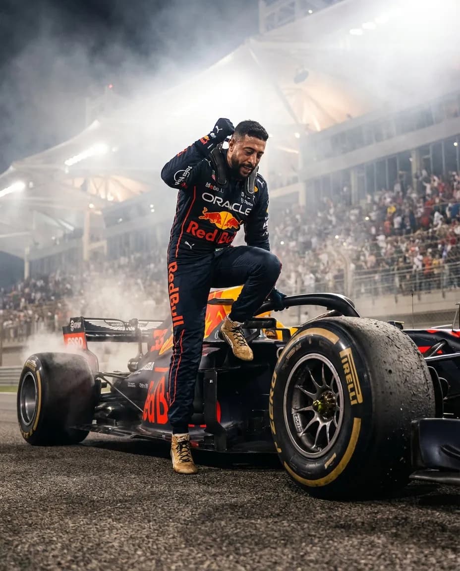 Cinematic Hyperreal Formula Racing Portrait with Dramatic Backlight