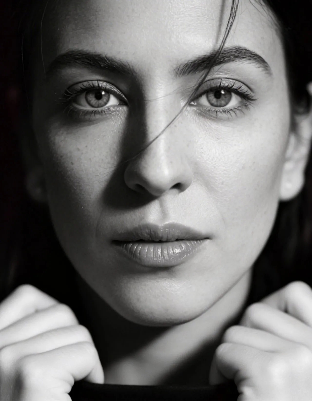 Cinematic Black and White Close-Up Portrait for Editorial Fashion