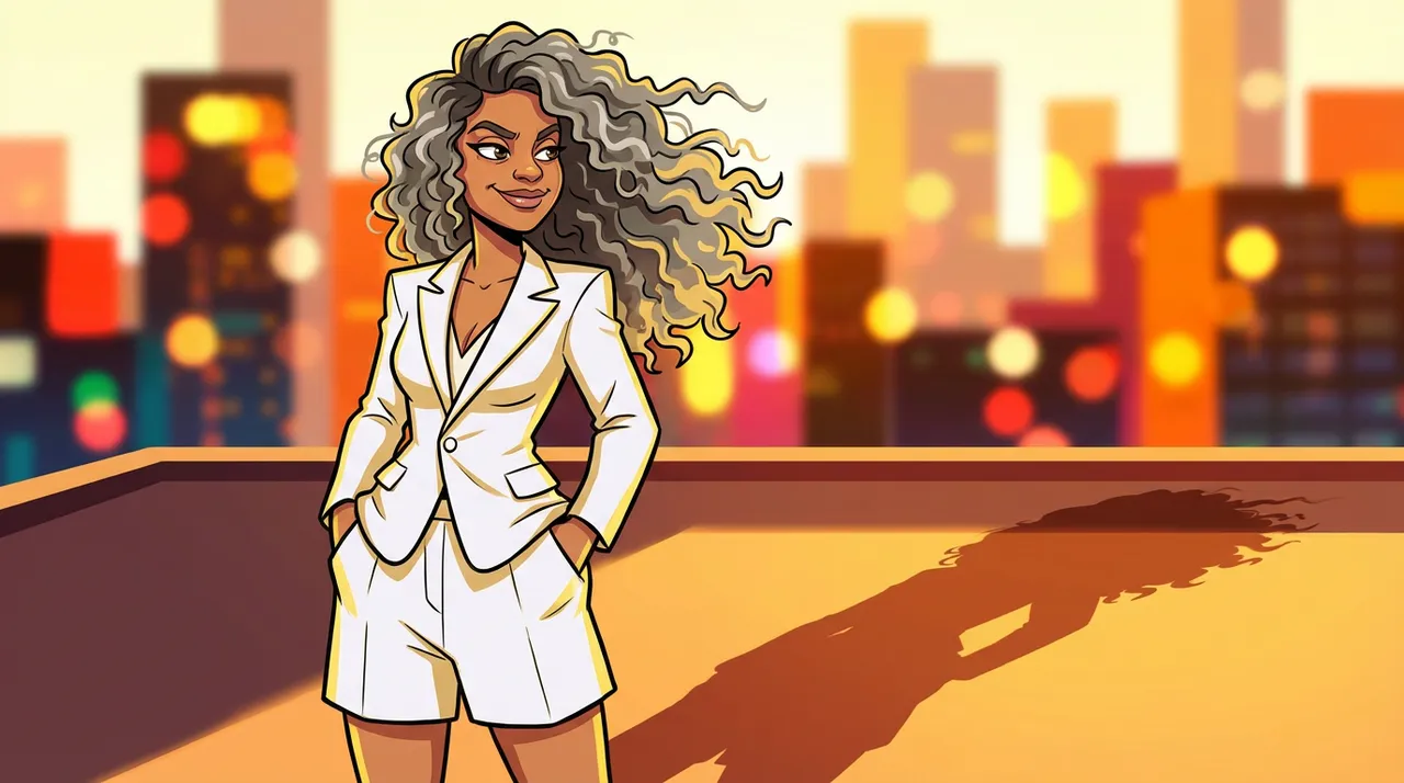 Stylized Cartoon Woman in White Couture Suit on Rooftop