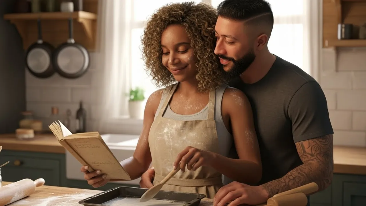 Cozy Romantic Baking Scene in Home Kitchen Template