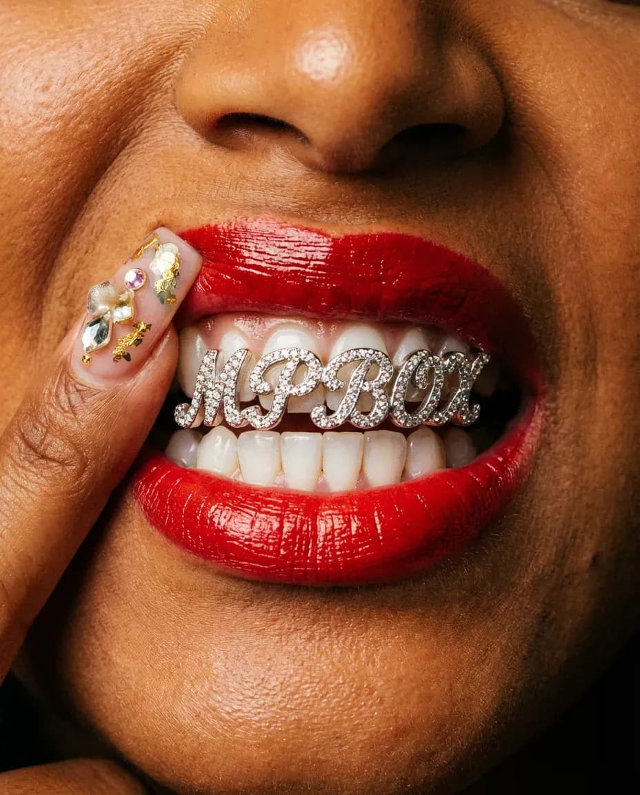 Cinematic Macro Studio Portrait Featuring Diamond Grillz and Nail Art