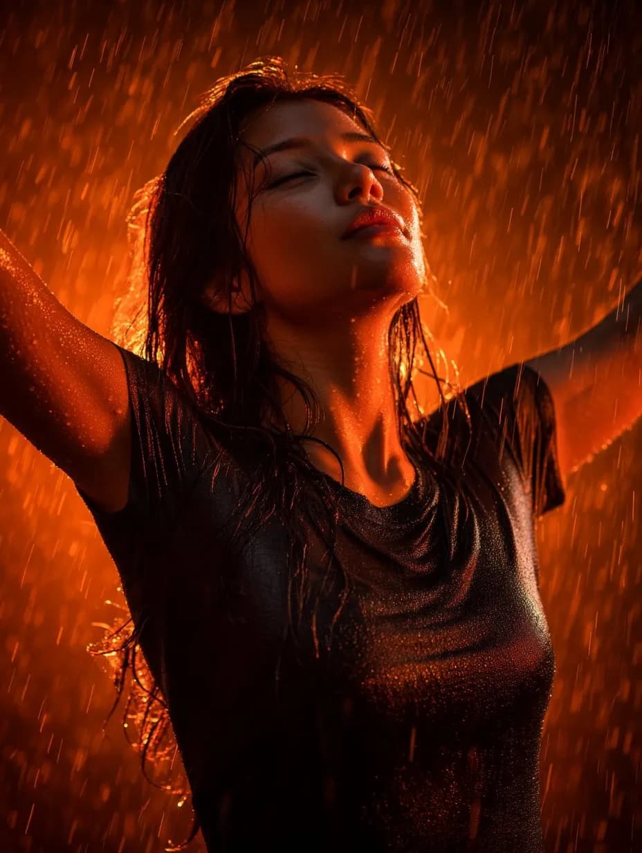 Cinematic Rain Portrait of Woman with Warm Backlight