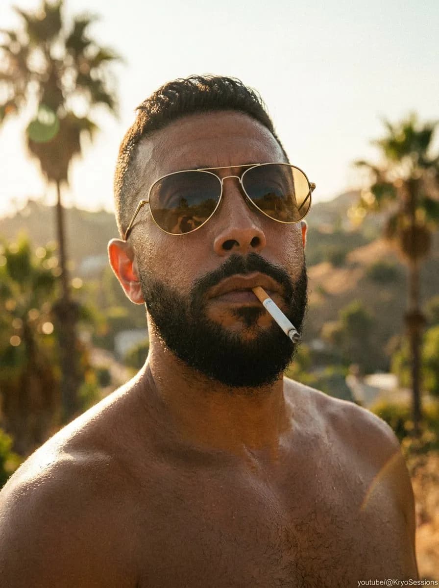 Low-Angle 1970s Hollywood Film Portrait, Sun-Washed Cinematic