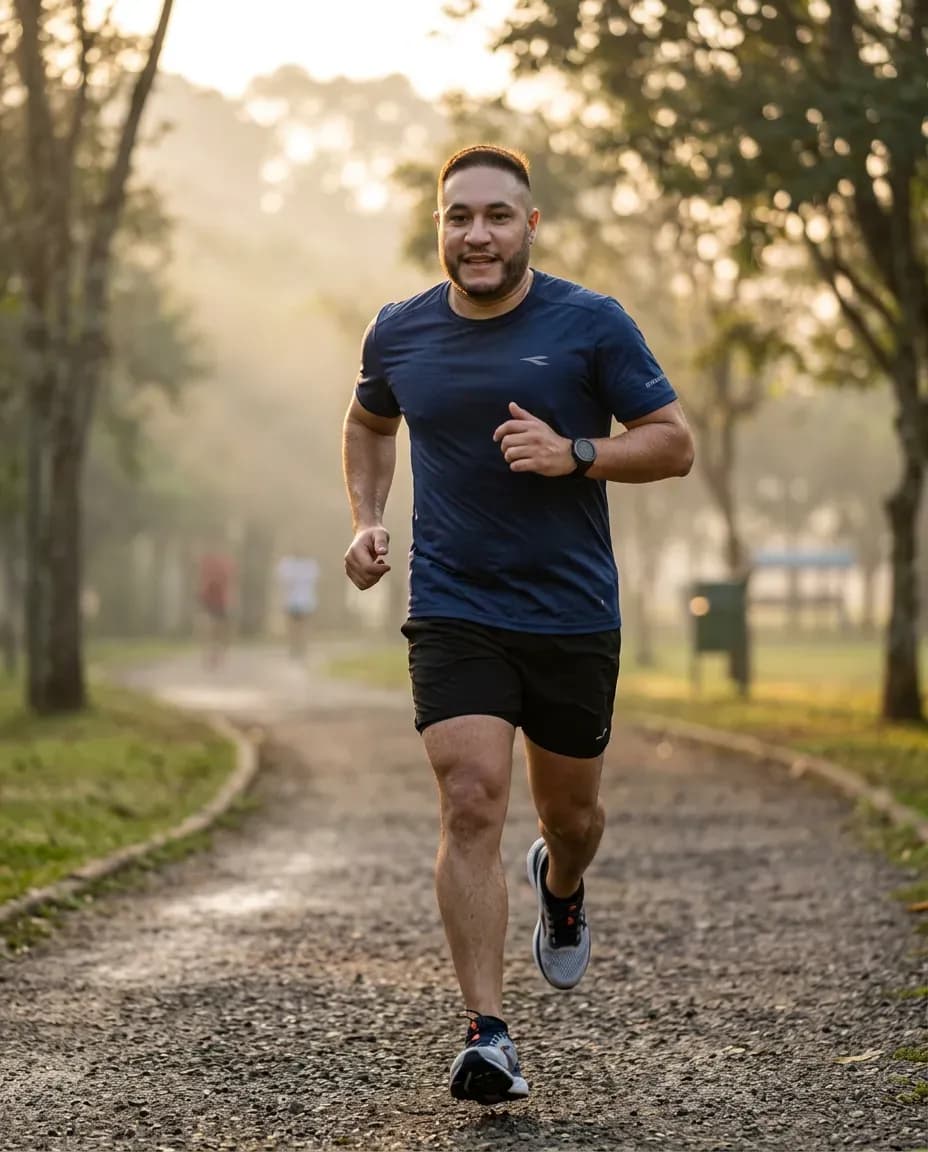 Photorealistic Morning Runner Portrait with Golden Mist and Motion