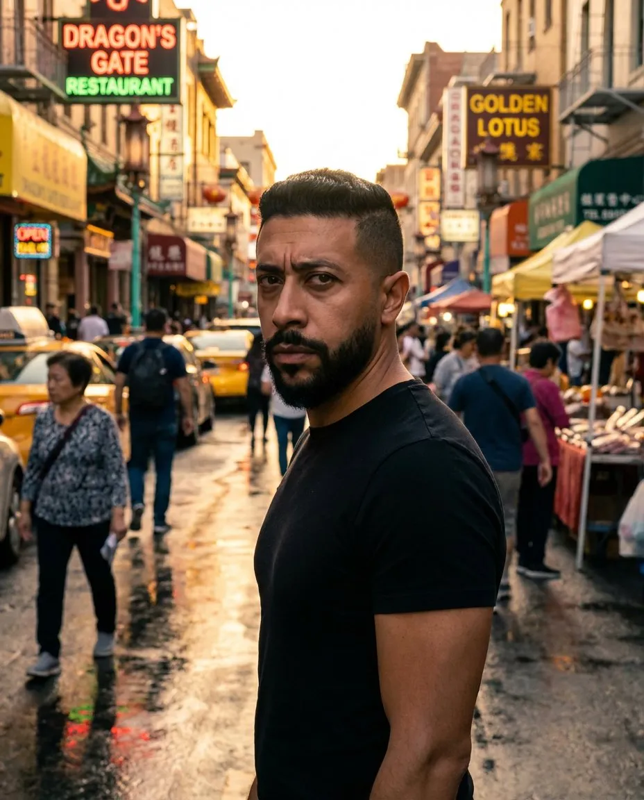 Cinematic Urban Portrait Photography at Golden Hour Neon Mood