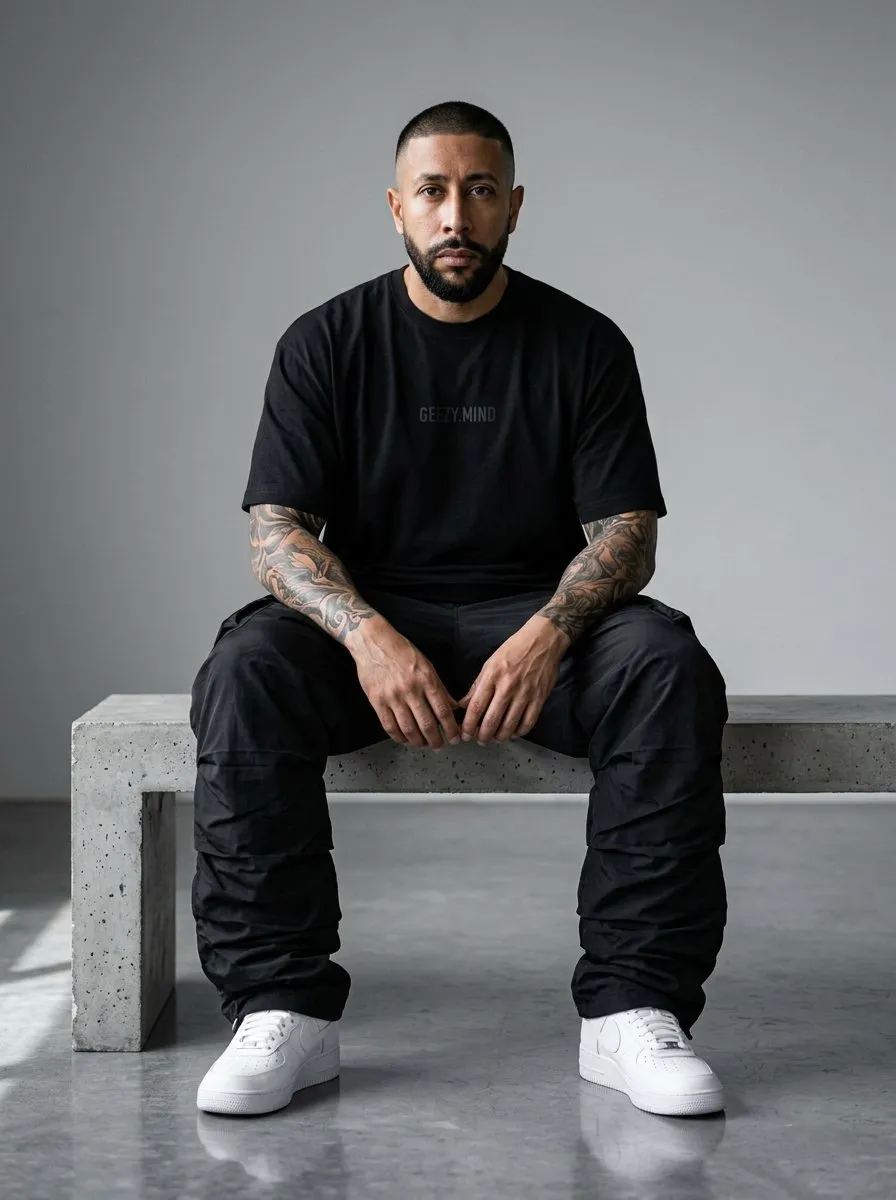 Masculine Luxury Streetwear Editorial in Minimal Grey Studio