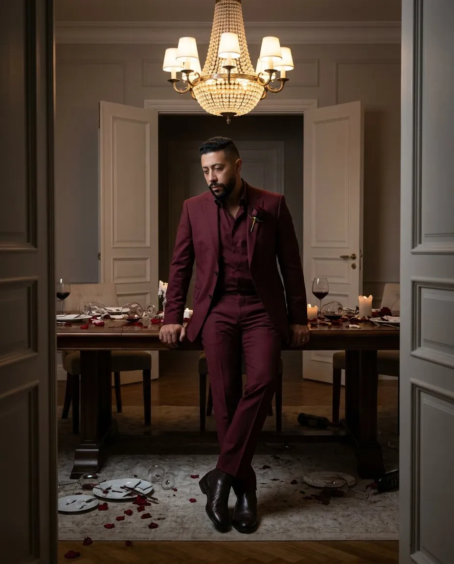 Cinematic Melancholic Luxury Portrait of Red-Suited Subject