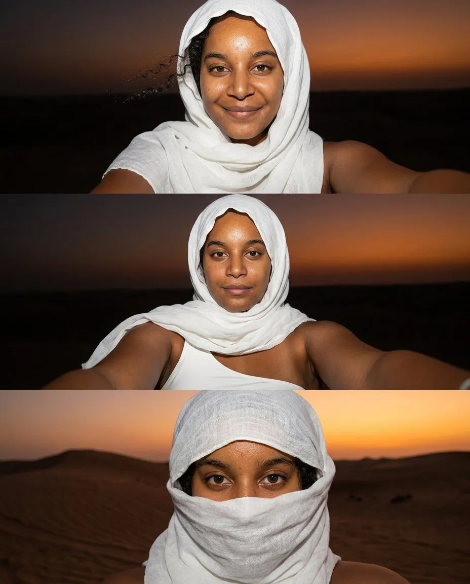 Vertical Three-Frame Cinematic Flash Portraits in Desert Blue Hour