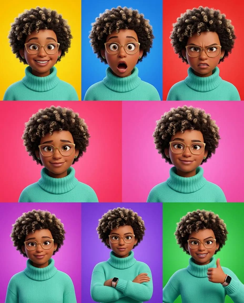 3D Pixar-Style Character Grid — Vibrant Six-Panel Emotions