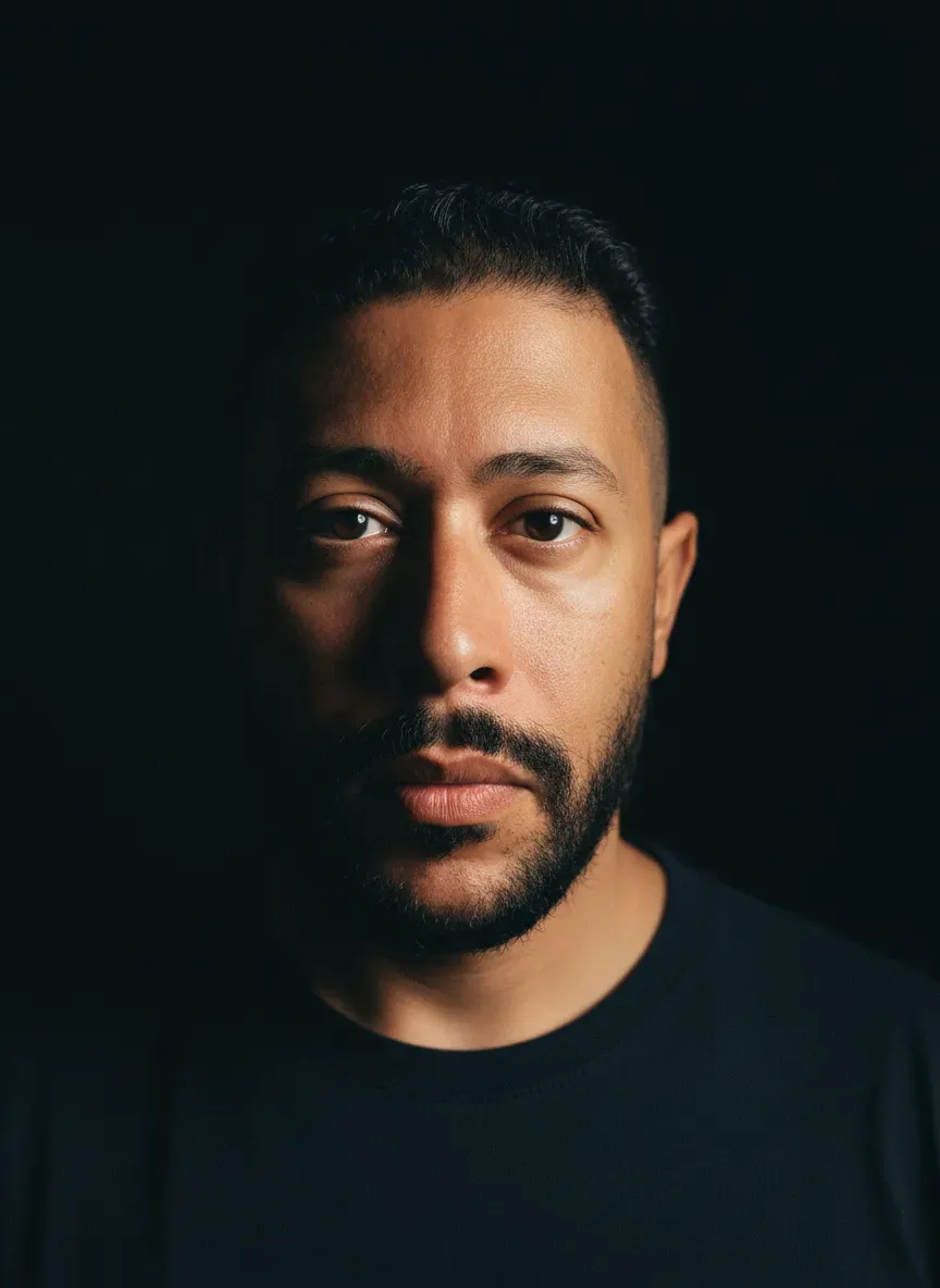 Cinematic Studio Close-Up Male Portrait with Dramatic Side Lighting