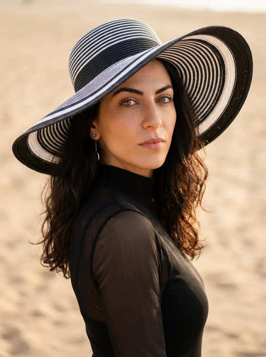 Photorealistic Fashion Portrait with Striped Wide-Brim Hat, Warm Beach