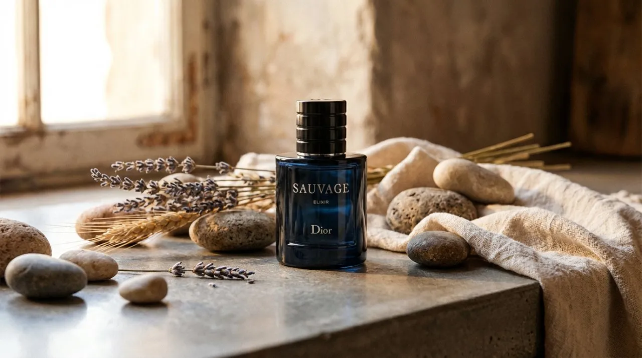 Artisanal Product Bottle on Polished Concrete with Natural Accents