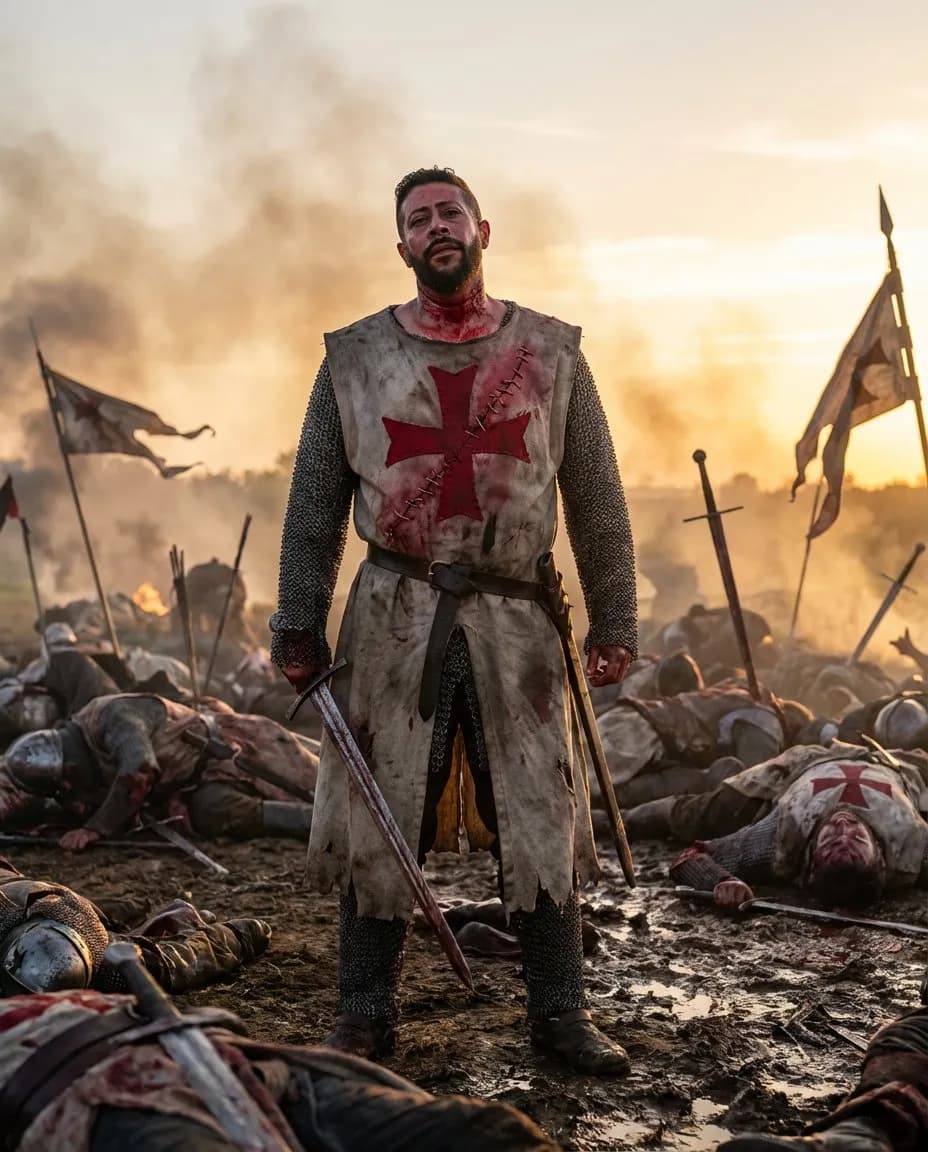 Ultra-Realistic Templar Warrior Portrait with Epic Battlefield Scene