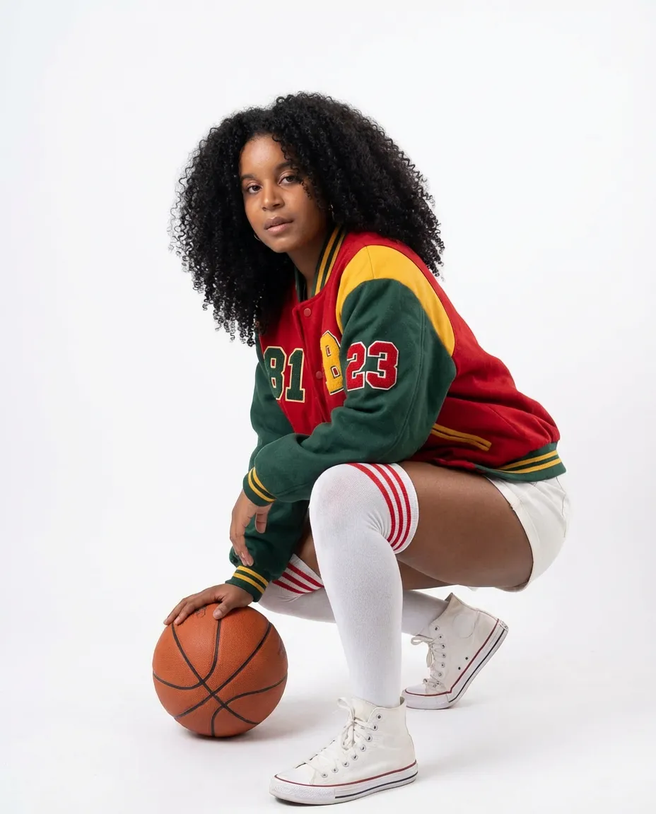 Hyper-Realistic Athletic Editorial Portrait with Retro Varsity Styling