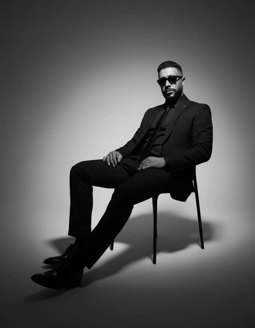 Black and White Cinematic Fashion Portrait with Low Angle