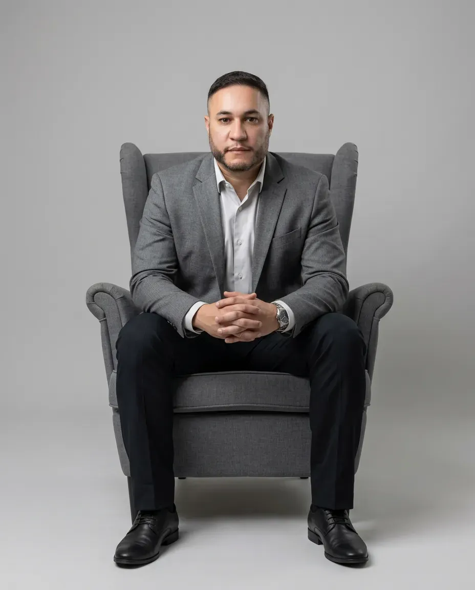 Studio-Seated Corporate Portrait, Minimalist Photorealistic Aesthetic