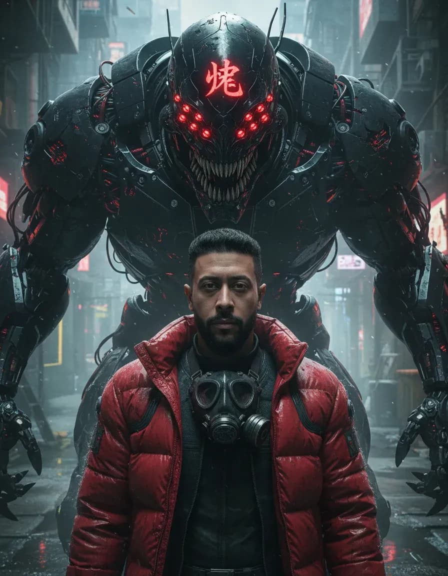 Cinematic Cyberpunk Portrait with Giant Robot Background