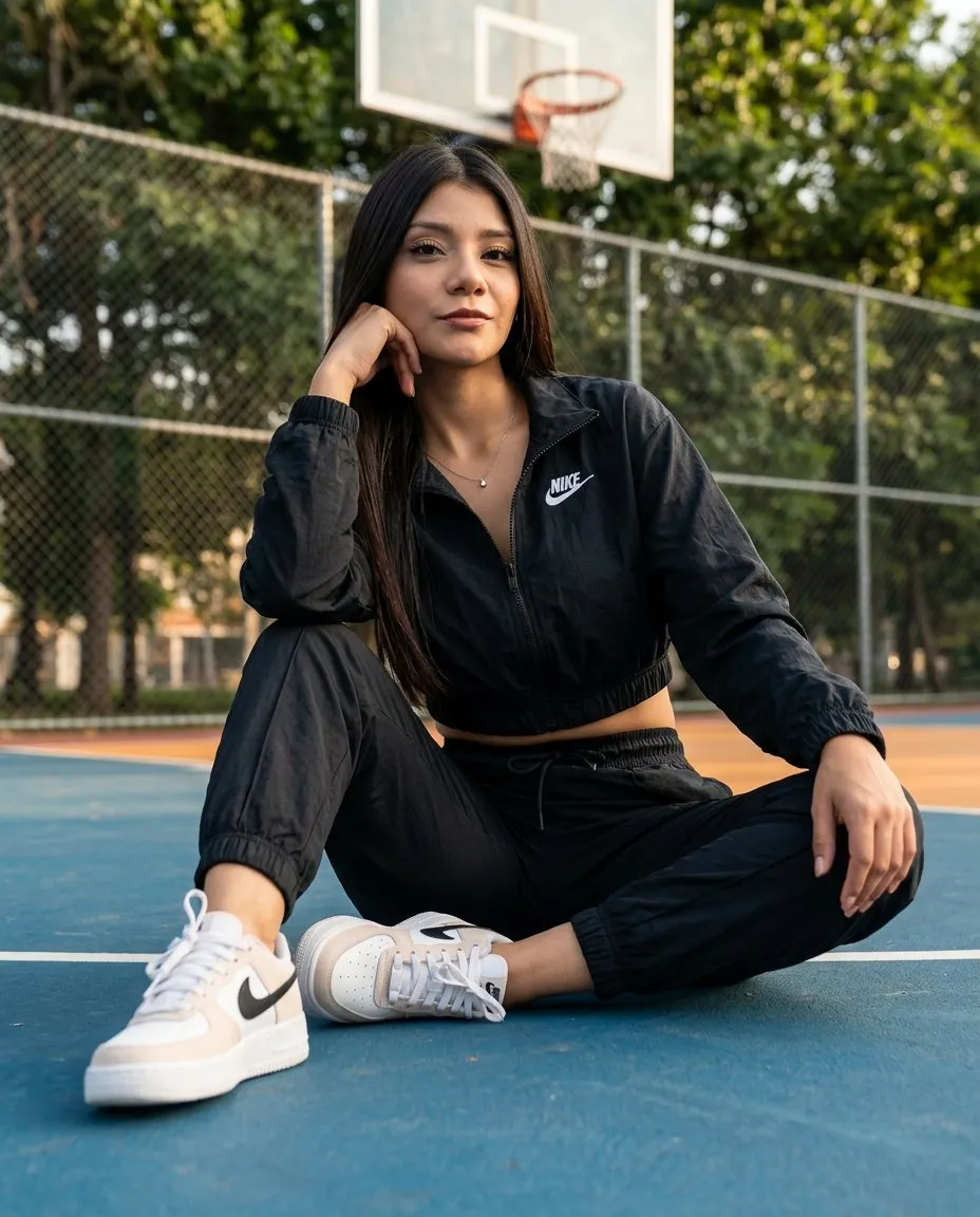 Cinematic Ultra-Realistic Fashion Portrait on Urban Basketball Court