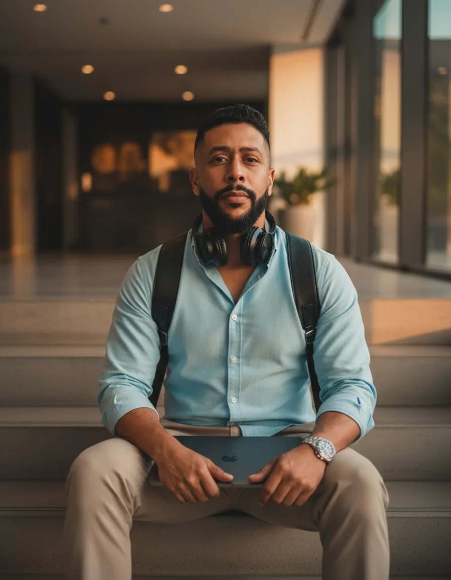 Cinematic Lifestyle Portrait on Modern Steps