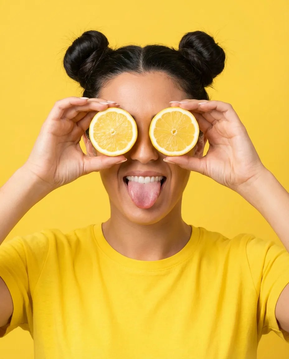 Playful Yellow Editorial Portrait with Lemons and Fun Expression